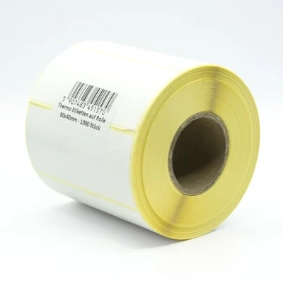 Immagine di MD Labels etichette termiche bianche su rotolo 90 x 40 mm, 1000 pezzi, autoadesive permanenti, per codici a barre, adesive scrivere