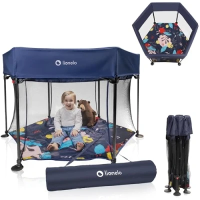 Immagine di LIONELO Roel box bambini da 6 mesi fino a 15kg forma esagonale grandi dimensioni 135 x 118 83 cm Blocco di Piegatura LockGuard, le pareti trasparenti, Gambe antiscivolo, facile, Borsa