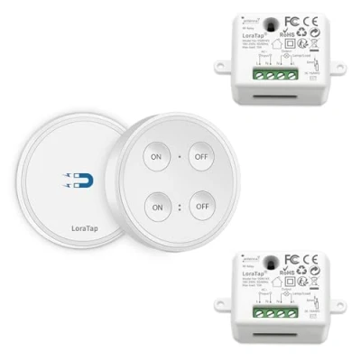 Immagine di Paio Interruttore per Luce Senza Fili, LoraTap Remoto con Base Magnetica + 2 Ricevitore a Relè, Telecomando 200m 220V, On/Off Switch Wireless Lampade e Apparecchi Elettrici