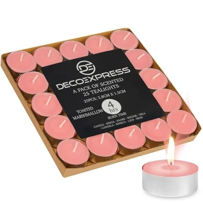 Immagine di DECO EXPRESS Candele Tealight 24, 25, 50, 100, 200 Pezzi, Lunga Durata 4/8/10 Ore Vari Colori (Marshmallow tostato 25/4 ore)