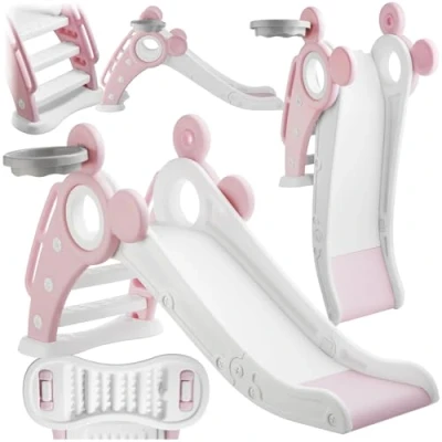 Immagine di tectake® Scivolo per Bambini Joy, con Canestro da Basket, Pieghevole, Gradini Antiscivolo, Corrimano di Sicurezza, Materiale Resistente, Interni ed Esterni Rosa Fucsia