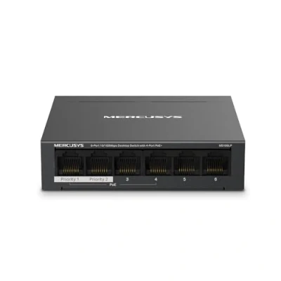 Immagine di TP Link Mercusys MS106LP PoE+ Switch 6 Porte con 4 PoE+, 30W per Porta PoE, 40W su Tutte le Porte, 802.3af/at, 2 Uplink Internet e NVR, Cassa in Metallo, Sdoppiatore Ethernet, Plug&amp;Play