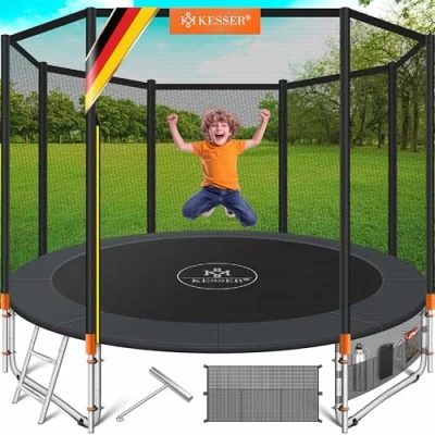 Immagine di KESSER® Trampolino Ø 366 cm Set completo con rete di sicurezza, scala, copertura per bordi e accessori da giardino bambini, portata 150 kg, antracite/arancione