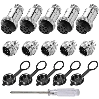 Immagine di Aiqeer 5 Pezzi 8 Pin GX16 Connettore Aviazione, 16 mm Aviazione Metallo, 5A Maschio Femmina, con Cappuccio in Gomma e Cacciavite a Croce