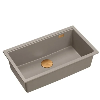 Immagine di QUADRON Lavello in granito per cucina Dimensioni 70 x 37 23,5 cm Morbido Tortora + Rame Pvd (Vasca da Incasso) LOGAN 110 a vasca singola sottopiano Base mobile 80