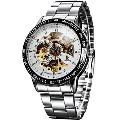 Immagine di Alienwork IK Orologio Automatico Uomo Donna Argento Bracciale in Acciaio Bianco Scheletro Fondo Vetro