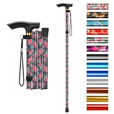 Immagine di supregear Bastone Pieghevole, da Passeggio Regolabile per Anziani e Adulti, Ausilio la Mobilità Uomo Donna, Bastoncino Viaggio Portatile con Cinturino Polso Manico a T
