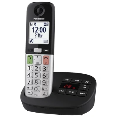 Immagine di Panasonic KX TGU430EXB Telefono senza fili digitale con segreteria telefonica, volume amplificato, unità base e 1 auricolare, schermo LCD, torcia elettrica, compatibile apparecchi acustici, nero