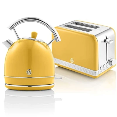 Immagine di Swan Retro Colazione Set 1,8 L Bollitore Senza Fili con Elemento Riscaldante in Acciaio Inox, Tostapane a Fessura Larga 2 Fette,Regolatore di Tostatura 6 Livelli, Design Vintage,Giallo STP7050YELNEU