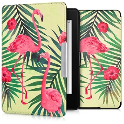 Immagine di kwmobile Custodia eReader Compatibile con Amazon Kindle Paperwhite Cover eBook Reader Flip Case rosa/verde/verde chiaro Fenicottero tra le palme
