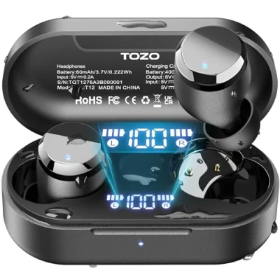 Immagine di TOZO T12 Mini Auricolari wireless Bluetooth 5.3 Cuffie con Mic ENC Cancellazione del Rumore, App per 55 Ore di Riproduzione Personalizzate EQ IPX8 Display LED, Nero