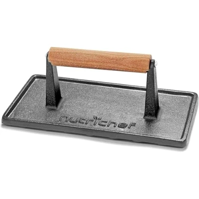 Immagine di Nutrichef Pressa per Griglia in Ghisa Pesante con Manico Legno, Hamburger, Riduce i Tempi di Cottura Bistecche, Carne, Pancetta, Quesadillas