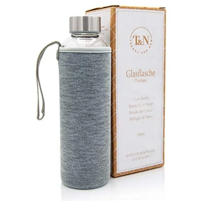 Immagine di T&amp;N Borraccia in vetro da 550 ml, con coperchio bambù e custodia neoprene, a prova di perdite, borosilicato più spesso, adatta per anidride carbonica