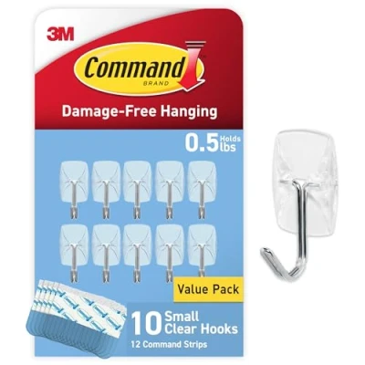 Immagine di Command CL067 10NA Filo piccolo in plastica, 10 ganci, 12 strisce, confezione facile da aprire, organizza senza danni, trasparente, argento