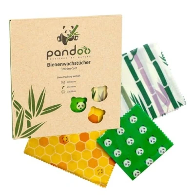 Immagine di pandoo Set per la Crescita delle api, 3 Misure, in Cotone Biologico e Cera d&#039;api, Senza plastica, Naturale sostenibile, Alternativa alla Pellicola salvafreschezza, Scatola plastica