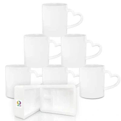 Immagine di MR.R Set di 6 tazze da caffè in porcellana bianca per sublimazione lavabili lavastoviglie Tazza ceramica classica 11 once con manico a forma cuore