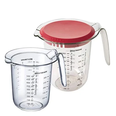 Immagine di Westmark Set da 2 Pezzi, Misurini 0,5 L e 1 con Coperchio, Scala Graduata Multilingue, Plastica, Trasparente/Rosso, 306622E6