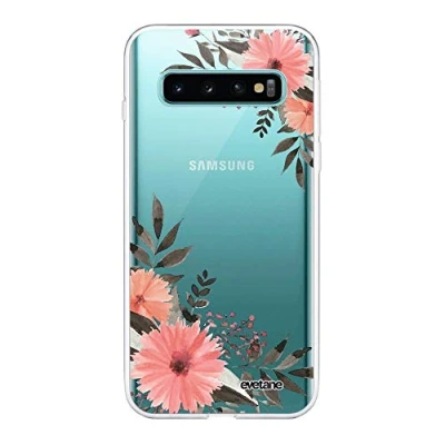 Immagine di Evetane Cover in silicone compatibile con Samsung Galaxy S10 Plus Protezione integrale 360, sottile e trasparente anteriore posteriore alta resistenza Fiori rosa