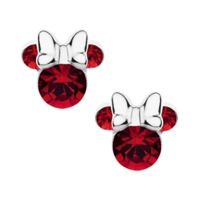 Immagine di Orecchini Minnie Mouse a Bottone con Pietra Portafortuna Disney da Bambine in Argento, Gioielli Disney, Impreziosito Zirconia, Rosso
