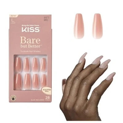 Immagine di KISS unghie a pressione nude ma migliori, colla per inclusa, &quot;Nude Glow&quot;, arancione, di dimensioni lunghe, forma bara, include 28 unghie, 2 g colla, 1 bastoncino manicure, mini