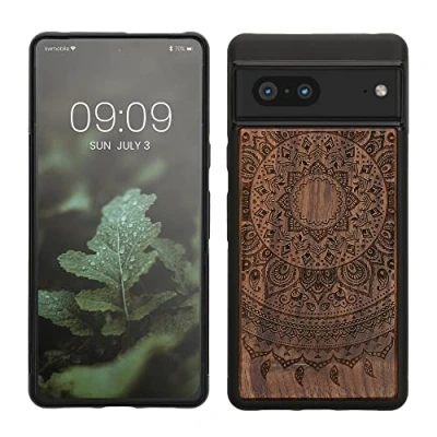 Immagine di kwmobile Custodia Compatibile con Google Pixel 7 Cover Back Case in Legno Bumper Silicone TPU Sole indiano marrone scuro