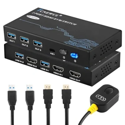 Immagine di TCNEWCL 8K 60Hz HDMI USB 3.0 KVM Switch 4K 120Hz 2 PC 1 monitor, porte, supporto HDR, Dolby Audio, 3D, HDCP 2.3, con cavi 2.1 e 3.0, telecomando
