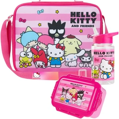 Immagine di Get Trend Hello Kitty Sanrio Borsa Porta Pranzo con Merenda Borraccia Bambini Senza BPA Set 3 Pz Materiale Scolastico per Viaggiare Picnic (Rosa Kitty)