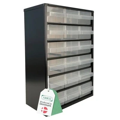 Immagine di Raaco Cassettiera Porta Minuteria C9 18, 20 kg Capacità, 15 x 30,6 55,2 cm, 18 Cassetti Trasparenti, Attrezzi in Acciaio per Officina, Organizer Parete, Officina