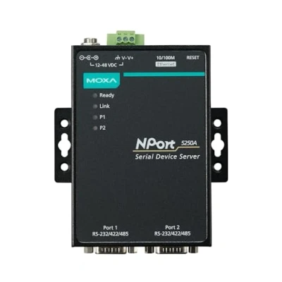 Immagine di MOXA NPort 5250A Server dispositivo a 2 porte, Ethernet 10/100M, RS 232/422/485, DB9 maschio, 15KV ESD, sovratensione seriale 0.5KV, 12 48VDC, 0 60C
