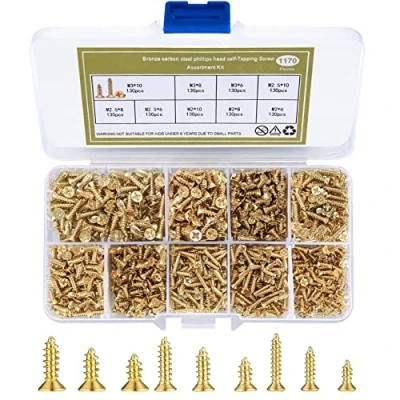 Immagine di 1170 Pezzi Viti Piccole, Autofilettanti a Testa Croce, Piatta, Set Micro per Legno, Autoperforanti Oro, M2, M2.5, M3