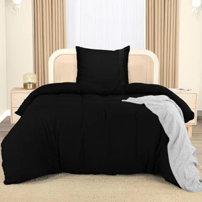 Immagine di Utopia Bedding Copripiumino Singolo in Microfibra di Poliestere 135x200cm + Federa Ricamata 80x80cm Nero