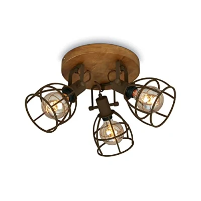 Immagine di Briloner lampada da soffitto retrò con paralume a traliccio, vintage 3 luci, attacco E27 max. 25 watt, paralumi regolabili, spot rustico in acciaio, marrone.