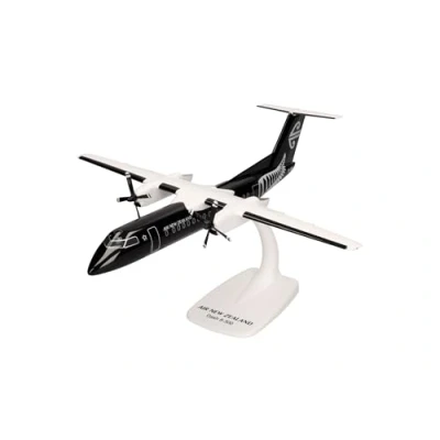 Immagine di herpa Snap Fit modellino aereo Air New Zealand DHC 8 300 All black livery ZK NEM, miniatura in scala 1:100, pezzo da collezione, modello con supporto, plastica