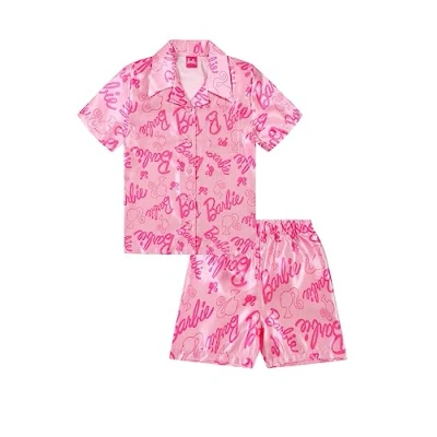 Immagine di Barbie pigiama corto da donna in raso, due pezzi, raso di seta, taglie dalla 40 alla 52, rosa, 8 10