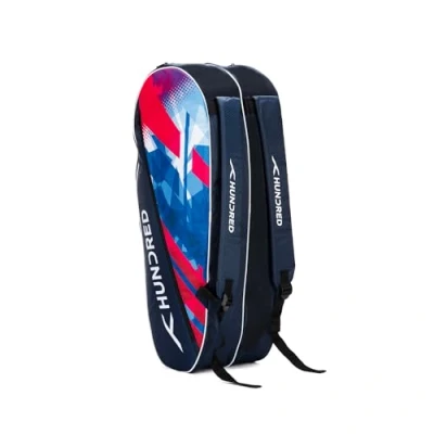 Immagine di HUNDRED Ideal Badminton and Tennis Racquet Kit Bag (Navy, Size: Large/6 in 1) Material: Polyester 2 Compartment with Side Pouch Easy Carry Handle Padded Back Straps Front Zipper Pocket