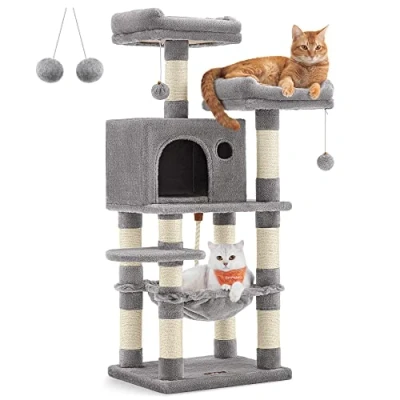 Immagine di Feandrea Albero per Gatti Alto 112 cm, Tiragraffi Gatti, con 11 Pali Graffiatoi, 2 Posatoi, 1 Grotta, Amaca, Pompon, in Peluche a Più Livelli, Grigio Chiaro PCT215W01
