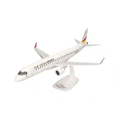 Immagine di herpa Snap Fit Modellino aereo German Airways Embraer E190, Miniatura in scala 1:100, pezzo da collezione, modello con base, plastica