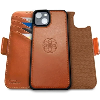 Immagine di dreem Fibonacci compatibile con iPhone 15 custodia a portafoglio/custodia antiurto 2 in 1 e folio pelle vegana staccabile, MagSafe, protezione RFID [Caramello]