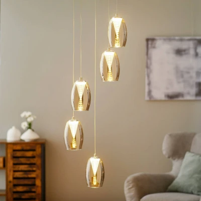 Immagine di Brilliant lampada Metropolis a sospensione LED 5 luci cromo / vetro fumé EasyDim 5x 5W integrato COB, 500lm, 3000K Regolabile in altezza cavo può essere accorciato