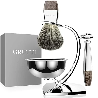 Immagine di Set di rasatura GRUTTI, rasaio lusso per cromoterapia e supporto pennelli con spazzolino sapone spazzola rasoi capelli lama a doppio taglio compatibile rasoio sicurezza