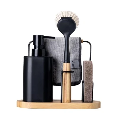 Immagine di VIGAR Organizer per lavello con Dispenser Sapone da 350 ml 22 x 8,5 26 cm Vintage Spugna, Panno e Spazzola Piatti strofinare i Nero bambù