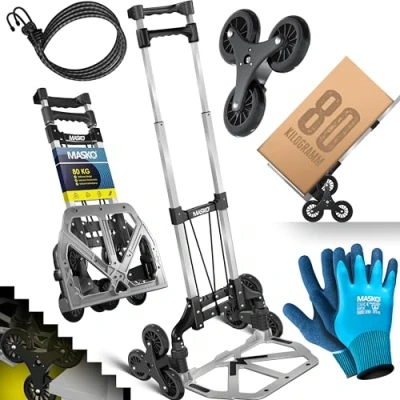 Immagine di MASKO® carrello porta sacchi per scale pieghevole 80 kg di portata 3x3 Arrampicatore incl. ruote + 2 corde espansione guanti maniglia regolabile in altezza, manuale