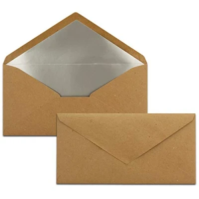 Immagine di 100x Buste formato lunghe Colore: marrone scuro con rivestimento interno metallizzato argento 110 x 220 mm Carta naturale Colla a umido festive per Natale