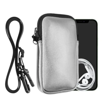 Immagine di kwmobile Custodia in Neoprene con Zip per Smartphone Portacellulare a Tracolla Porta Cellulare da Collo Universale Borsa Cover Telefono grigio metallizzato