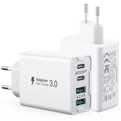 Immagine di [2 pezzi]Caricatore USB C da 40W, caricatore multiplo a 4 porte con e A, parete doppia porta PD+QC compatibile iPhone 15/14/13/12/Pro Max/XS/XR/Samsung/Tablet