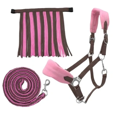 Immagine di PFIFF 103103 Set di 3 cavezze Sunny, con cavezze, Maglia e Frange, Personalizzabili, Colore: Marrone Rosa