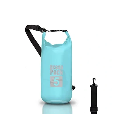 Immagine di Dry Bag, Borsa Sacca Zaino impermeabile Waterproof, chiusura a rotolo e tracolla, custodia per cellulare marsupio Mare Barca Pesca Rafting Spiaggia Sport Acquatici (Light Blue, 5l)