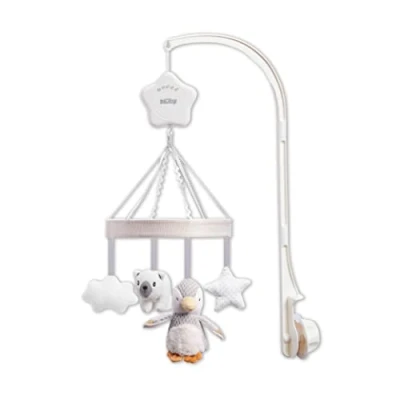 Immagine di Nuby Culla musicale mobile per neonati con braccio regolabile adattarsi a tutte le culle. Simpatici personaggi di peluche bianchi e grigi, tra cui Pebbles, il pinguino gli amici (confezione da 1)
