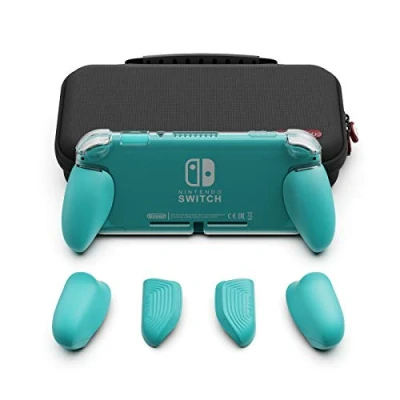 Immagine di Skull &amp; Co. GripCase Lite Bundle: A Comfortable Protective Case with Replaceable Grips [to fit all hands sizes] for Nintendo Switch [with Carrying Case] Turquoise