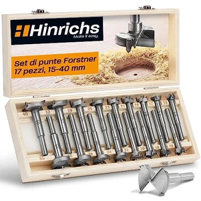 Immagine di Hinrichs Set di Punte Forstner 17 Pezzi in Cassa Legno da 15 a 40 mm Punta Fresatura Trapano per Fresa Tazza Rami